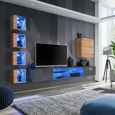 Soggiorno Parete attrezzata Grigio Moderna Mobili Porta TV Armadietto a muro Scaffali