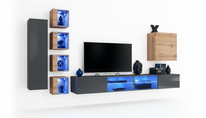 Soggiorno Parete attrezzata Grigio Moderna Mobili Porta TV Armadietto a muro Scaffali