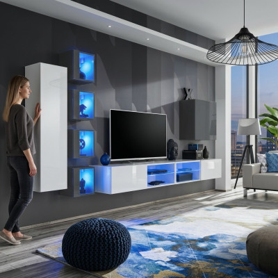 Mobilio da parete bianco, armadio a muro design, arredamento per il soggiorno, arredamento completo.