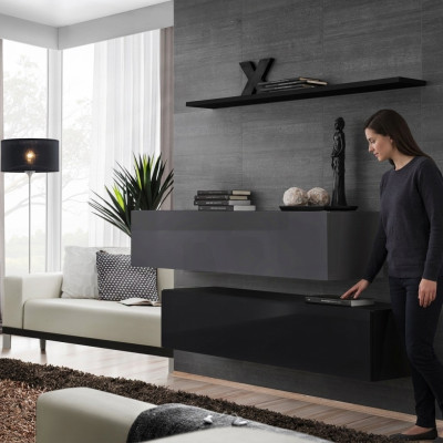 Mobile porta TV soggiorno Moderno Nero in Legno Parete attrezzata Armadio Pensile