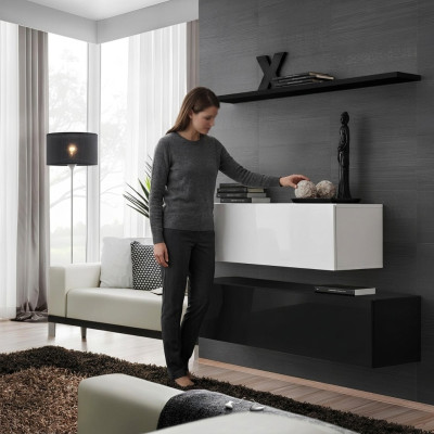 Soggiorno nero, set di mobili per parete design, moderni, nuovi, con scaffale a parete.