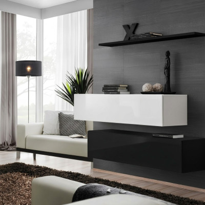 Soggiorno nero, set di mobili per parete design, moderni, nuovi, con scaffale a parete.