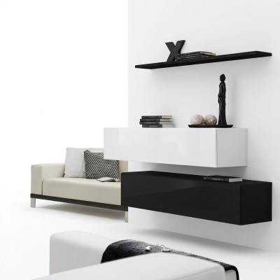 Soggiorno nero, set di mobili per parete design, moderni, nuovi, con scaffale a parete.