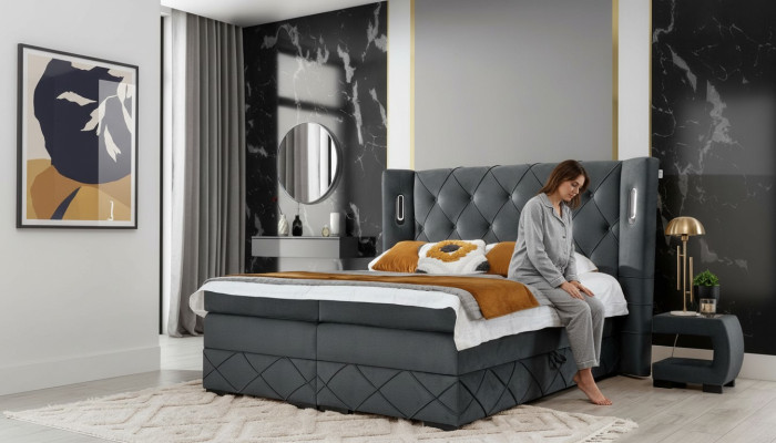 Camera da letto Letto Matrimoniale Tessuto Letti Imbottiti Completi 2x Comodini Legno