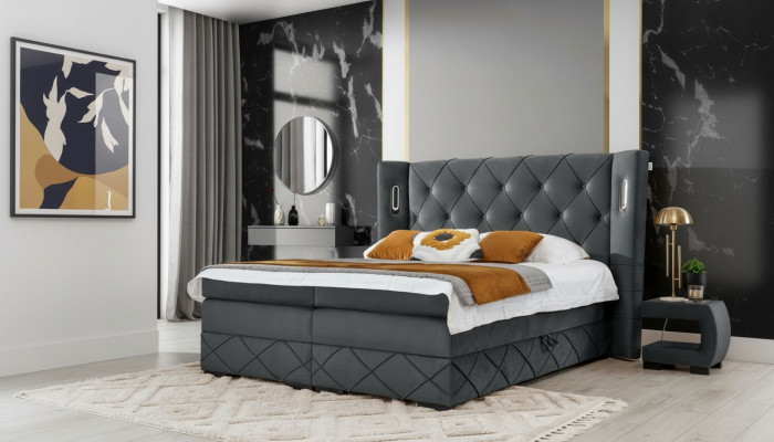 Camera da letto Letto Matrimoniale Tessuto Letti Imbottiti Completi 2x Comodini Legno