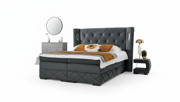 Camera da letto Letto Matrimoniale Tessuto Letti Imbottiti Completi 2x Comodini Legno