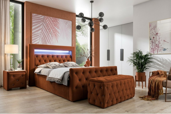 Set da camera da letto Chesterfield, letto in tessuto, 2 comodini in legno, sgabello