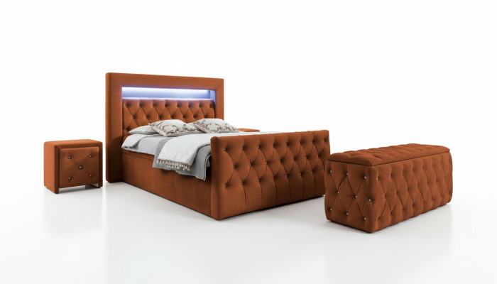 Set da camera da letto Chesterfield, letto in tessuto, 2 comodini in legno, sgabello