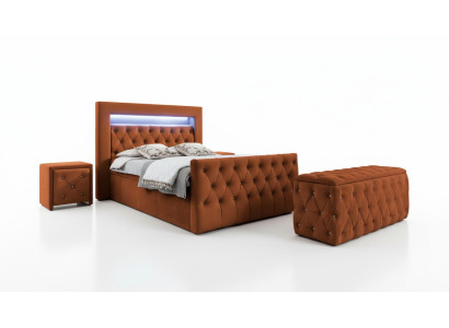 Set da camera da letto Chesterfield, letto in tessuto, 2 comodini in legno, sgabello