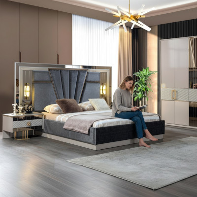 Set camera da letto con letto e 2 comodini completo di arredo di lusso moderno.