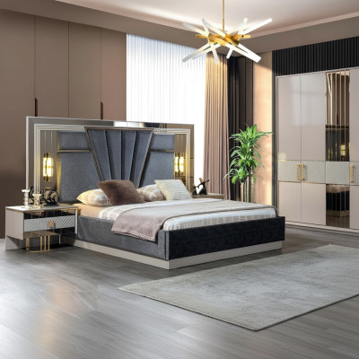 Set camera da letto con letto e 2 comodini completo di arredo di lusso moderno.