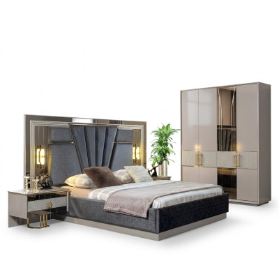 Set camera da letto con letto e 2 comodini completo di arredo di lusso moderno.