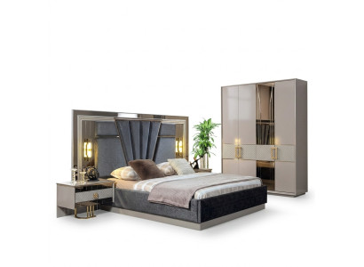 Set camera da letto con letto e 2 comodini completo di arredo di lusso moderno.