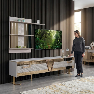 Design moderno Scaffale grigio in legno Parete Scaffali completi Mobili porta TV