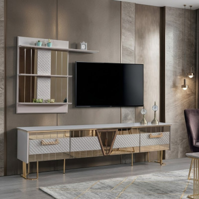 Design moderno Scaffale grigio in legno Parete Scaffali completi Mobili porta TV