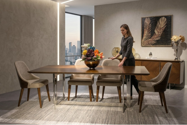 Set completo Tavolo da pranzo Design di lusso Sala da pranzo Mobile credenza 4 sedie