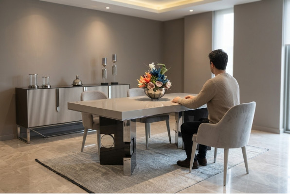 Set da pranzo design 6 pezzi: tavolo da pranzo design con 4 sedie e credenza moderna.