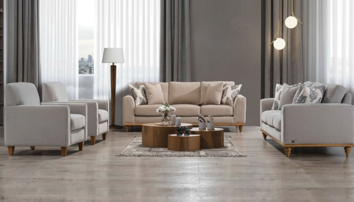 Set da soggiorno 4 pezzi: 2 divani a tre posti, design moderno 2 poltrone, mobili nuovi.