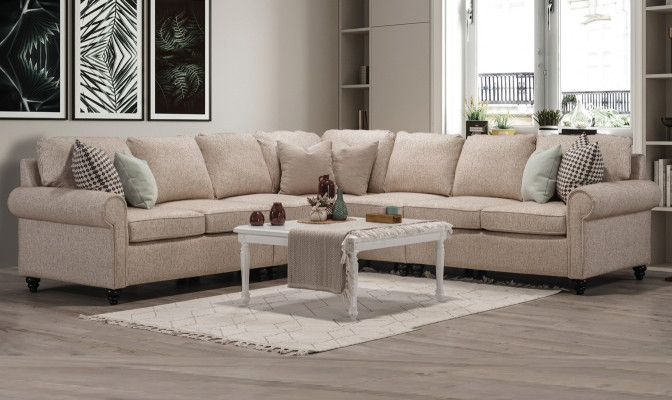 Moderno divano d'angolo per il soggiorno, design a forma di L, beige, arredamento di lusso per divano.