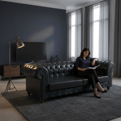 Sofà Chesterfield moderno a tre posti in velluto di lusso, design sofisticato.