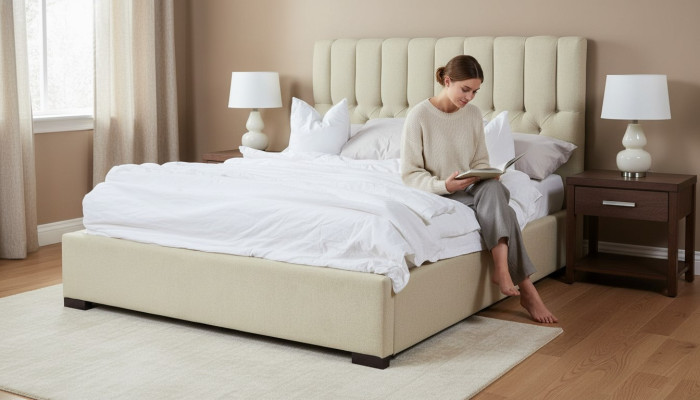 Letto Beige Letto matrimoniale Legno Moderno Letti di lusso Letto in tessuto Camera da letto