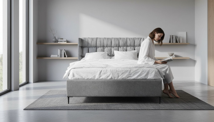 Letto matrimoniale grigio Design classico della camera da letto Materasso elegante in tessuto