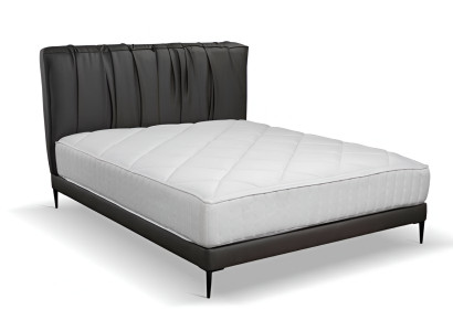 Letto matrimoniale grigio imbottito con design elegante, cassetto letto.
