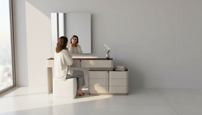 toletta trucco specchio elegante sgabello bianco set completo camera da letto nuovo 3 pezzi