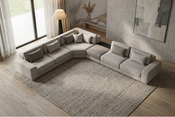 Divano angolare grigio a L, soggiorno con divano, mobili tessili in legno.