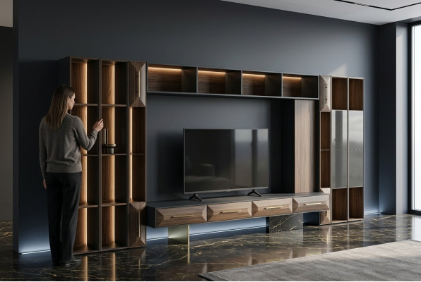 Lussuoso parete attrezzata in legno per soggiorno mobili TV design moderno nuovo