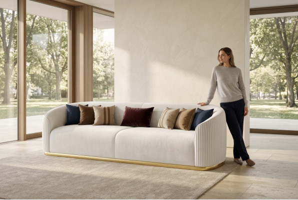 Divano 3 posti imbottito stile moderno tessuto di lusso bianco
