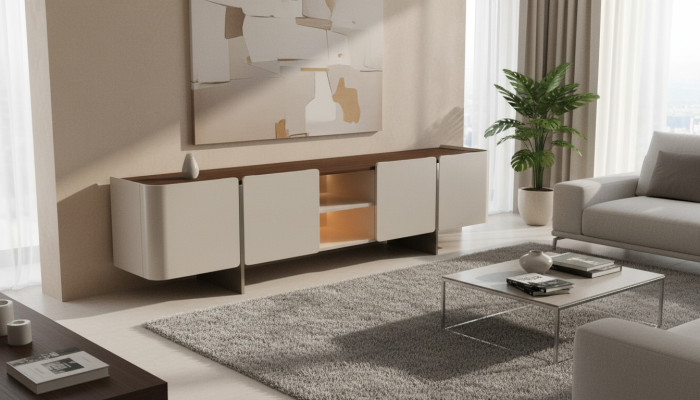 Moderna parete soggiorno design supporto TV lusso grigio lowboard nuovo