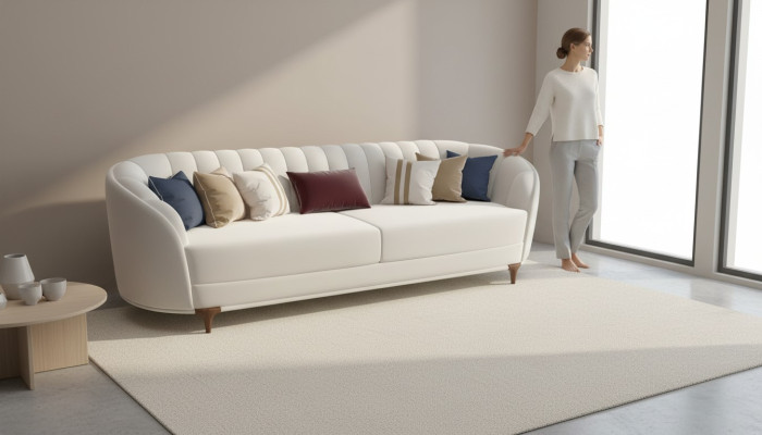 Moderno divano bianco nel soggiorno. Divano a 3 posti esclusivo da 250 cm di lusso.
