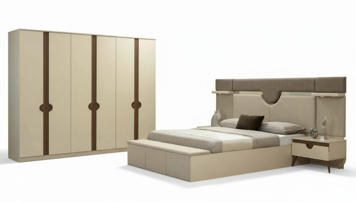 Elegante set da camera da letto 4 pezzi con letto, 2 comodini e armadio nuovo.