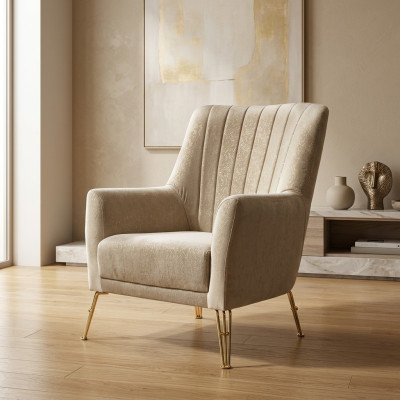 Design Sedile di lusso Beige Sedia Relax in legno con acciaio inox Sedia nuova