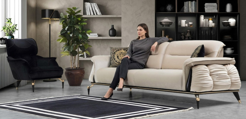 Set da soggiorno di lusso composto da divano 3 posti con poltrona design moderno.
