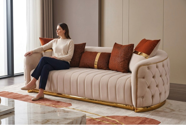 Tessuto beige a tre posti Divano moderno di lusso design Chesterfield beige