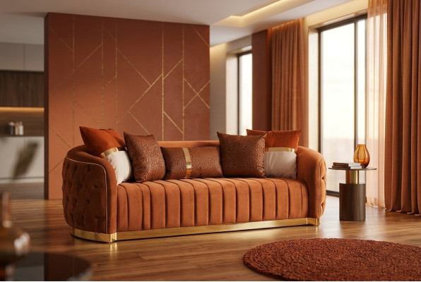 Testo arancione Tre posti in tessuto. Divano moderno di design di lusso in velluto Chesterfield.