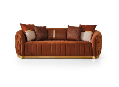 Testo arancione Tre posti in tessuto. Divano moderno di design di lusso in velluto Chesterfield.