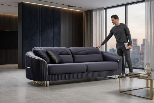 Divano a 3 posti, divano imbottito blu in tessuto, design moderno per sedili nuovo.
