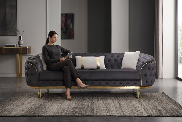Divano design 3 posti in tessuto divano imbottito Divani Design Marrone Chesterfield
