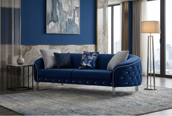 Divano design 3 posti Chesterfield, divano imbottito design blu.