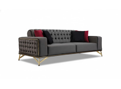 Divano design 3 posti Chesterfield in tessuto marrone.
