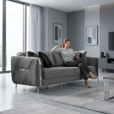 Divano di lusso a tre posti moderno in tessuto per la casa soggiorno, lungo 235 cm.