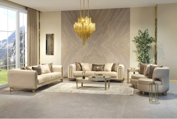 Set di divani 3+3+1 posti con cuscini per seduta, design divano, nuovo set di divani 4 pezzi in stoffa.