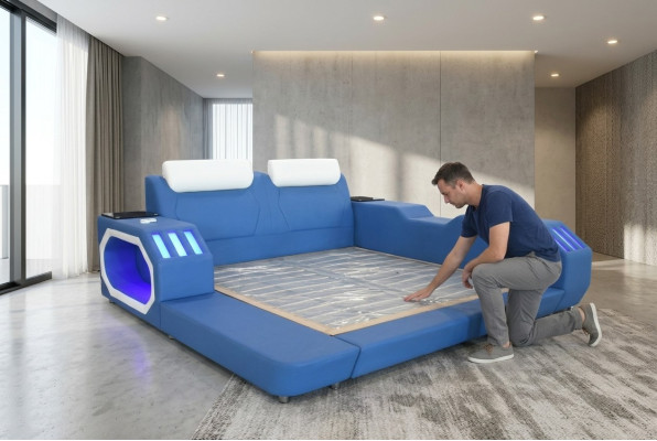 Letto multifunzionale a led di lusso design blu Hotel Doppio 180x200.