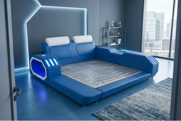 Letto multifunzionale a led di lusso design blu Hotel Doppio 180x200.