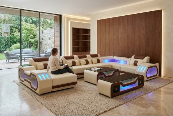 Set soggiorno divano ad angolo a U beige tavolino porta TV imbottito illuminato