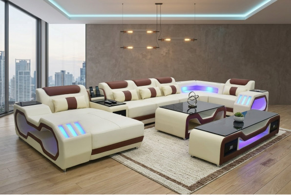 Set soggiorno divano ad angolo a U beige tavolino porta TV imbottito illuminato