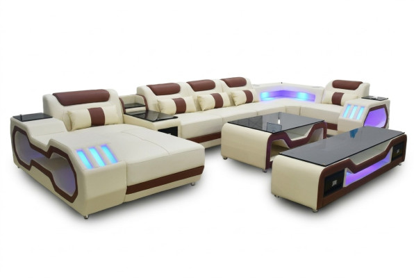 Set soggiorno divano ad angolo a U beige tavolino porta TV imbottito illuminato